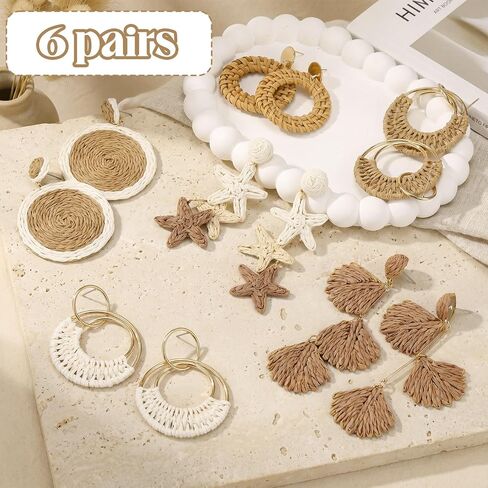 Kingdder 6 Pairs Handmade Boho Raffia Rattan Earrings for Women Summer Bohemian Round Drop Dangle Lightweight Straw Woven Hoop Earrings for Beach Vacation Seashells Starfish Jewelry Gifts in Kuwait