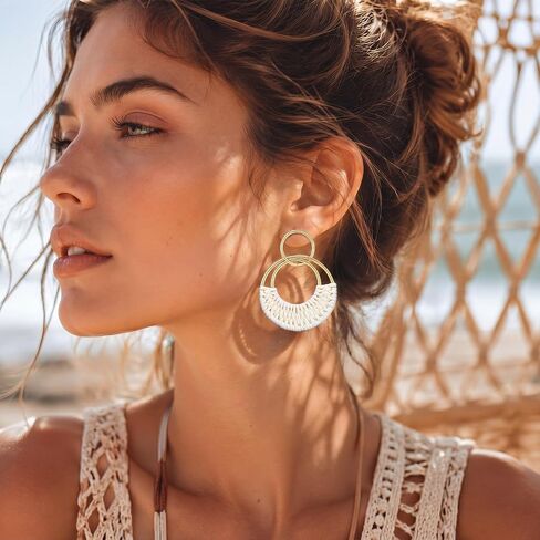 Kingdder 6 Pairs Handmade Boho Raffia Rattan Earrings for Women Summer Bohemian Round Drop Dangle Lightweight Straw Woven Hoop Earrings for Beach Vacation Seashells Starfish Jewelry Gifts in Kuwait