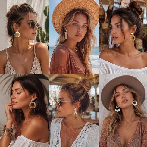Kingdder 6 Pairs Handmade Boho Raffia Rattan Earrings for Women Summer Bohemian Round Drop Dangle Lightweight Straw Woven Hoop Earrings for Beach Vacation Seashells Starfish Jewelry Gifts in Kuwait