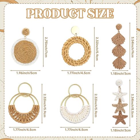 Kingdder 6 Pairs Handmade Boho Raffia Rattan Earrings for Women Summer Bohemian Round Drop Dangle Lightweight Straw Woven Hoop Earrings for Beach Vacation Seashells Starfish Jewelry Gifts in Kuwait