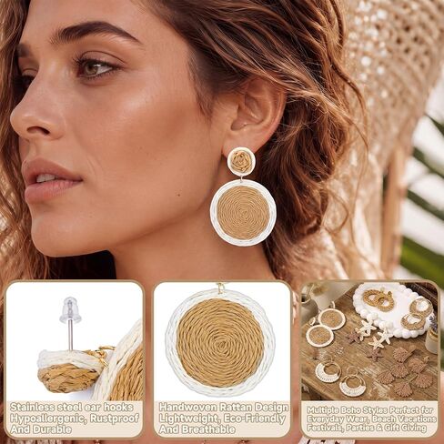 Kingdder 6 Pairs Handmade Boho Raffia Rattan Earrings for Women Summer Bohemian Round Drop Dangle Lightweight Straw Woven Hoop Earrings for Beach Vacation Seashells Starfish Jewelry Gifts in Kuwait