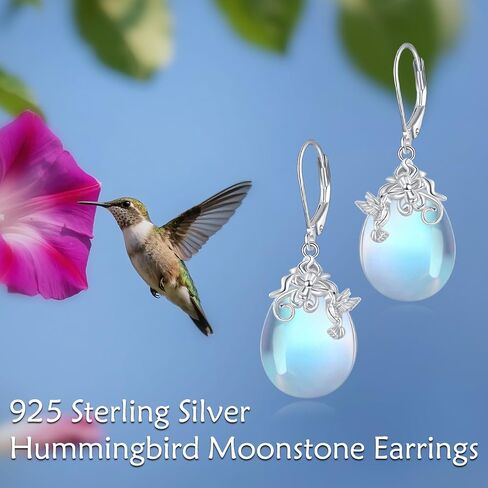 Moonstone Dangle Earrings Sterling Silver Hummingbird Leverback Earrings Humming Bird Jewelry for Women Mom in Kuwait