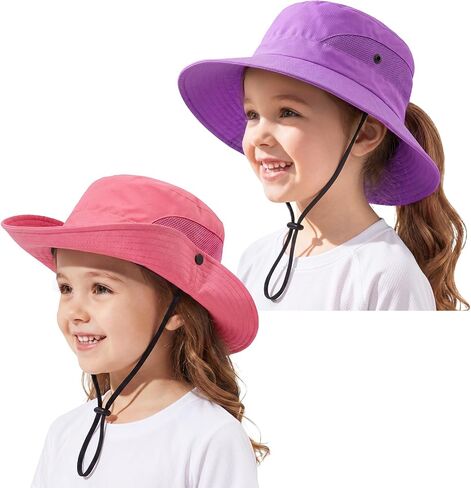 2 Pack Wide Brim Girls Ponytail Sun Hats- Full Face & Neck Coverage Adjustable Breathable Quick Dry Kids Beach Bucket Hat in Kuwait