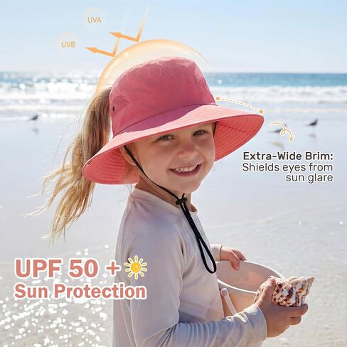 2 Pack Wide Brim Girls Ponytail Sun Hats- Full Face & Neck Coverage Adjustable Breathable Quick Dry Kids Beach Bucket Hat in Kuwait