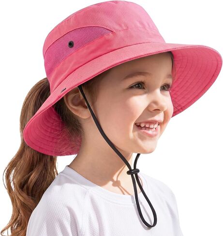 2 Pack Wide Brim Girls Ponytail Sun Hats- Full Face & Neck Coverage Adjustable Breathable Quick Dry Kids Beach Bucket Hat in Kuwait