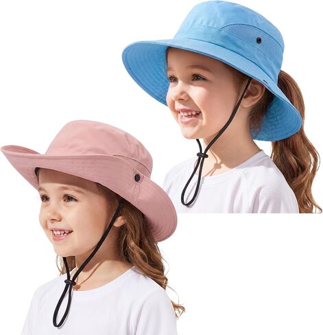 2 Pack Wide Brim Girls Ponytail Sun Hats- Full Face & Neck Coverage Adjustable Breathable Quick Dry Kids Beach Bucket Hat in Kuwait