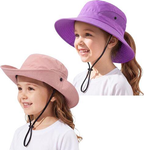 2 Pack Wide Brim Girls Ponytail Sun Hats- Full Face & Neck Coverage Adjustable Breathable Quick Dry Kids Beach Bucket Hat in Kuwait