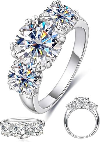 4 Carat Moissanite Rings for Women, Three Stone Moissanite Engagement Ring 14K White Gold Plated Promise Ring for Her, Round Brilliant Cut Anniversary Wedding Ring Trilogy Jewelry, D Color VVS1 in Kuwait