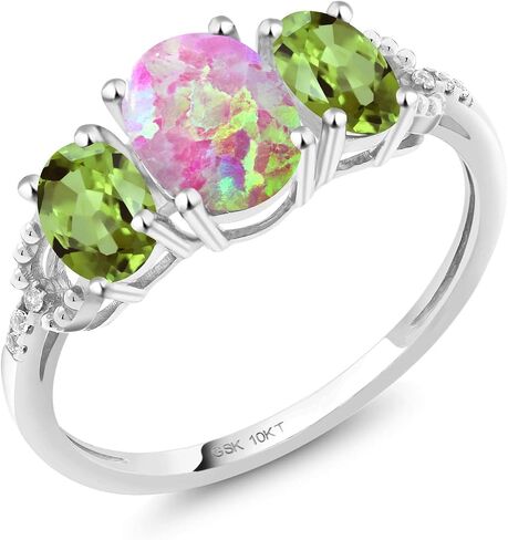 Gem Stone King 10K White Gold Oval Cabochon Pink Simulated Opal Green Peridot and Diamond Engagement Ring For Women (1.65 Cttw) in Kuwait