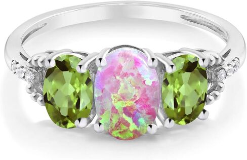 Gem Stone King 10K White Gold Oval Cabochon Pink Simulated Opal Green Peridot and Diamond Engagement Ring For Women (1.65 Cttw) in Kuwait