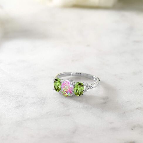 Gem Stone King 10K White Gold Oval Cabochon Pink Simulated Opal Green Peridot and Diamond Engagement Ring For Women (1.65 Cttw) in Kuwait