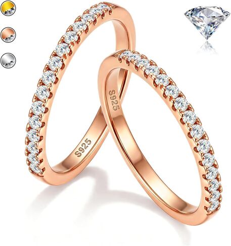 GEMQUEEN 2Pcs Moissanite Rings for Women : 18K White Gold Plated 925 Sterling Silver Engagement Ring Eternity Wedding Band Dainty Moissanite Stackable Jewelry Set D Color VVS1 Clarity Size 4-10 in Kuwait