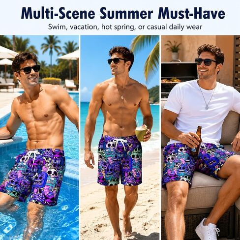 Men Beach Shorts Elastic Waist Drawstring Athletic Shorts Hawaiian Tropical Printed Casual Swimsuit with Pockets in Kuwait