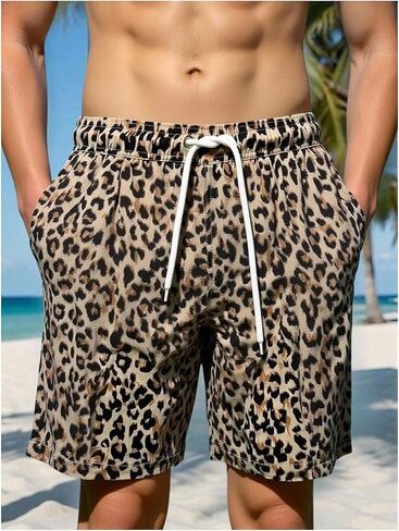SOLY HUX Men's Leopard Print Swim Trunks Cheetah Summer Beach Board Shorts Swimwear in Kuwait