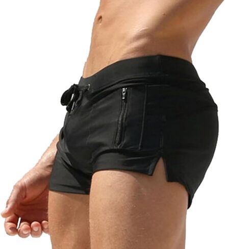 Mens Sexy Swim Trunks Square Leg Bathing Suit, Tight Swim Boxer Briefs with Front Zip Pocket (Black) in Kuwait