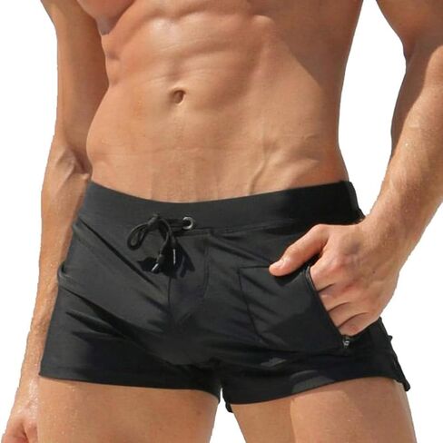 Mens Sexy Swim Trunks Square Leg Bathing Suit, Tight Swim Boxer Briefs with Front Zip Pocket (Black) in Kuwait
