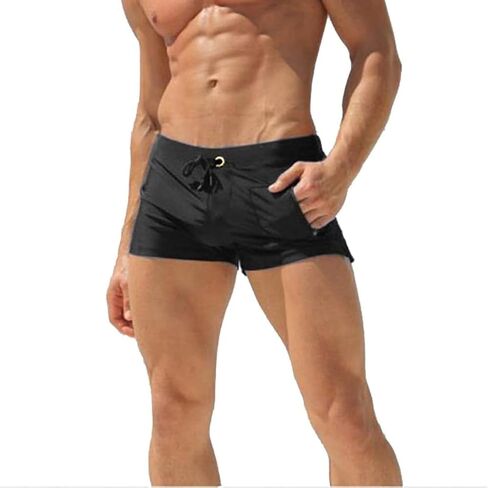 Mens Sexy Swim Trunks Square Leg Bathing Suit, Tight Swim Boxer Briefs with Front Zip Pocket (Black) in Kuwait
