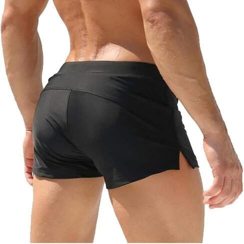 Mens Sexy Swim Trunks Square Leg Bathing Suit, Tight Swim Boxer Briefs with Front Zip Pocket (Black) in Kuwait