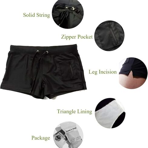 Mens Sexy Swim Trunks Square Leg Bathing Suit, Tight Swim Boxer Briefs with Front Zip Pocket (Black) in Kuwait
