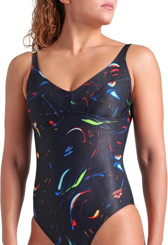 بدلة سباحة نسائية من ARENA Abyss Shapewear على شكل حرف U من البوليستر، حمالة صدر مدمجة للسيدات، ملابس سباحة للتحكم في البطن، متعدد/أسود، مقاس أمريكي 38 in Kuwait