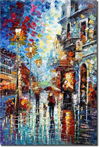 24x36Inch Vertical Night Streetscape Oil Painting 100% Hand Painted Wall Art Modern Home Decoration for Livingroom Bedroom Kitchen Diningroom Office in Saudi Arabia
