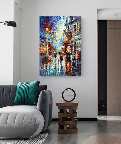 24x36Inch Vertical Night Streetscape Oil Painting 100% Hand Painted Wall Art Modern Home Decoration for Livingroom Bedroom Kitchen Diningroom Office in Saudi Arabia