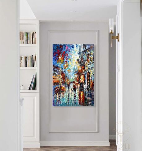 24x36Inch Vertical Night Streetscape Oil Painting 100% Hand Painted Wall Art Modern Home Decoration for Livingroom Bedroom Kitchen Diningroom Office in Saudi Arabia