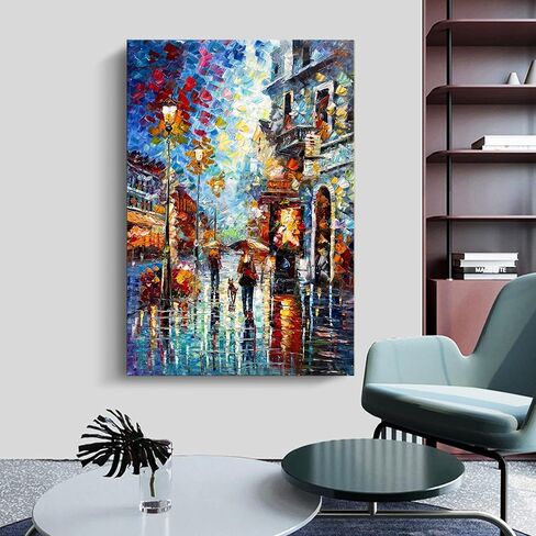 24x36Inch Vertical Night Streetscape Oil Painting 100% Hand Painted Wall Art Modern Home Decoration for Livingroom Bedroom Kitchen Diningroom Office in Saudi Arabia