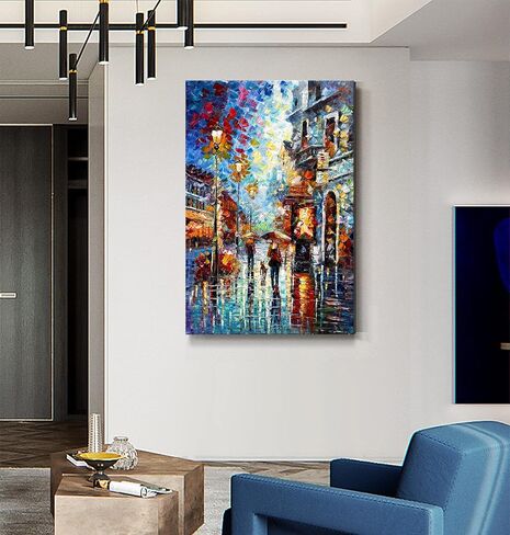 24x36Inch Vertical Night Streetscape Oil Painting 100% Hand Painted Wall Art Modern Home Decoration for Livingroom Bedroom Kitchen Diningroom Office in Saudi Arabia