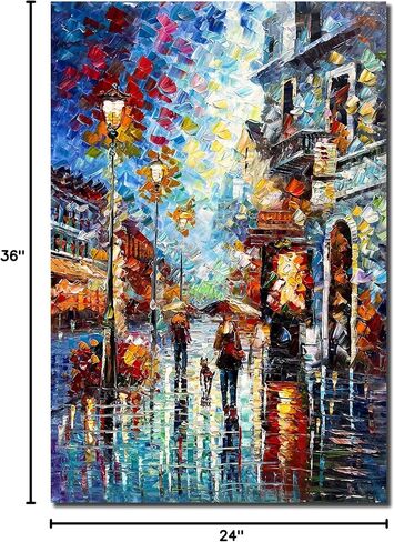 24x36Inch Vertical Night Streetscape Oil Painting 100% Hand Painted Wall Art Modern Home Decoration for Livingroom Bedroom Kitchen Diningroom Office in Saudi Arabia