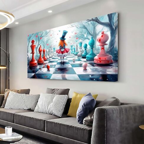 ZESTRILIA Alice in Wonderland Chess Canvas Wall Art, Fantasy Surrealist Whimsical Fairy Tale Decor for Living Room, Girls Bedroom Family Room (40x20 Inches) in Kuwait