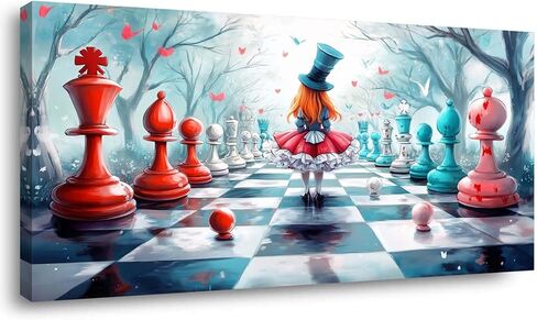 ZESTRILIA Alice in Wonderland Chess Canvas Wall Art, Fantasy Surrealist Whimsical Fairy Tale Decor for Living Room, Girls Bedroom Family Room (40x20 Inches) in Kuwait