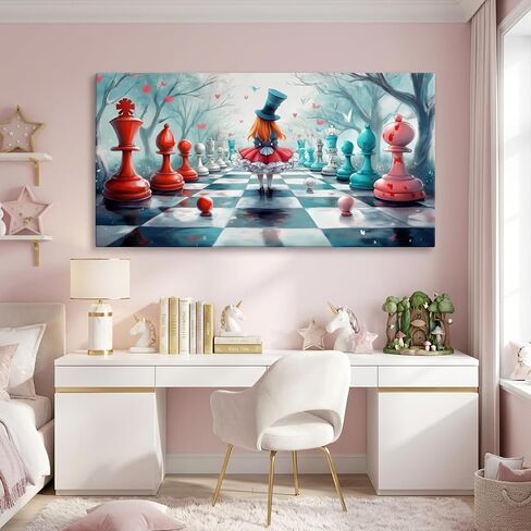 ZESTRILIA Alice in Wonderland Chess Canvas Wall Art, Fantasy Surrealist Whimsical Fairy Tale Decor for Living Room, Girls Bedroom Family Room (40x20 Inches) in Kuwait