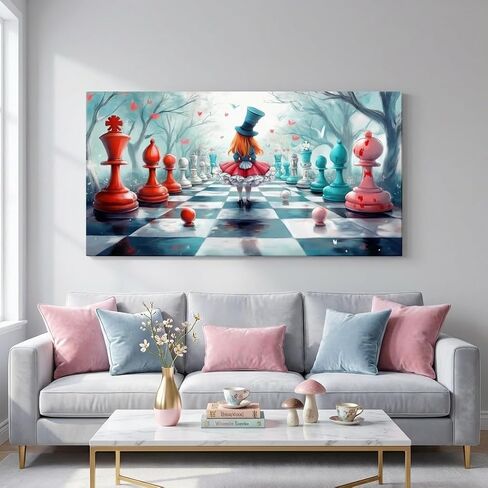 ZESTRILIA Alice in Wonderland Chess Canvas Wall Art, Fantasy Surrealist Whimsical Fairy Tale Decor for Living Room, Girls Bedroom Family Room (40x20 Inches) in Kuwait