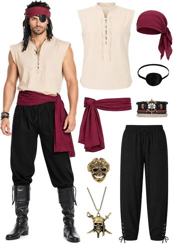 Pirate Costume Men 8pcs Renaissance Costume Men Medieval Outfit with linen Pants Shirts Pirate Accessories in Saudi Arabia
