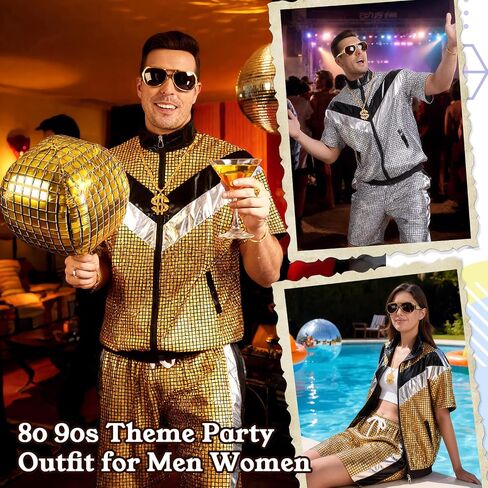 80s 90s Disco Outfits for Men Women, Retro Hip Hop Outfit Set with Accessories, Disco Costume for Couples Party in Kuwait