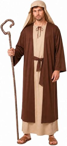 Adult Shepherd Costume, Brown Desert Robe Outfit with Head Scarf and Belt for Halloween Cosplay Party Stage Perform in Saudi Arabia