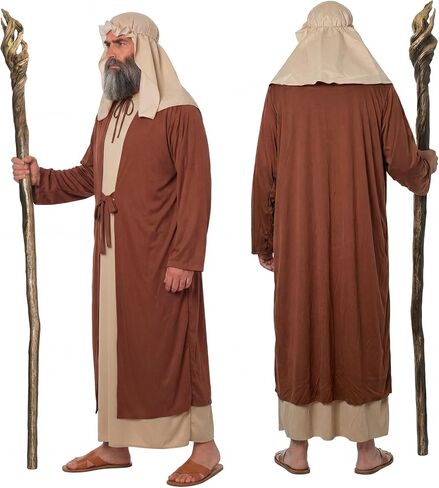 Adult Shepherd Costume, Brown Desert Robe Outfit with Head Scarf and Belt for Halloween Cosplay Party Stage Perform in Saudi Arabia