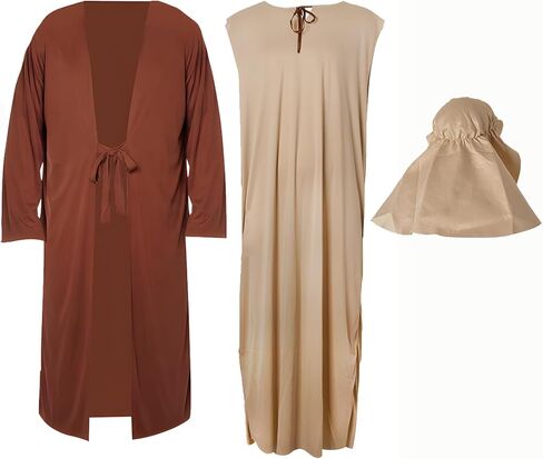 Adult Shepherd Costume, Brown Desert Robe Outfit with Head Scarf and Belt for Halloween Cosplay Party Stage Perform in Saudi Arabia