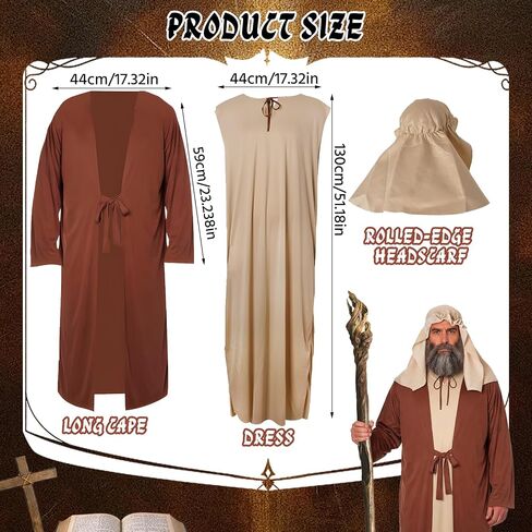 Adult Shepherd Costume, Brown Desert Robe Outfit with Head Scarf and Belt for Halloween Cosplay Party Stage Perform in Saudi Arabia