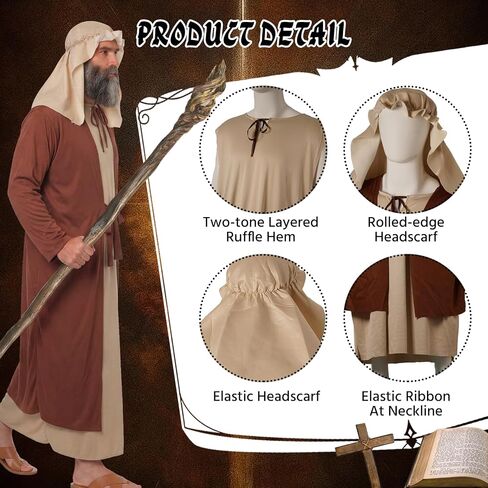 Adult Shepherd Costume, Brown Desert Robe Outfit with Head Scarf and Belt for Halloween Cosplay Party Stage Perform in Saudi Arabia