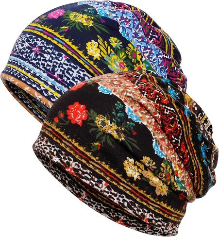 2 Pack Cotton Draped Beanie Cap Scarf Floral Lace Beanie Hat Stretch Sof-Draping Turban Headwear Turban Baggy Sleeping Cap for Men Women Multi in Saudi Arabia