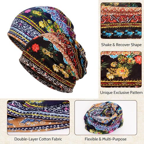 2 Pack Cotton Draped Beanie Cap Scarf Floral Lace Beanie Hat Stretch Sof-Draping Turban Headwear Turban Baggy Sleeping Cap for Men Women Multi in Saudi Arabia