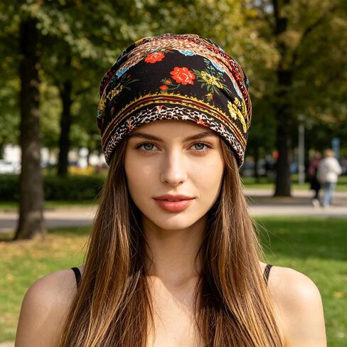 2 Pack Cotton Draped Beanie Cap Scarf Floral Lace Beanie Hat Stretch Sof-Draping Turban Headwear Turban Baggy Sleeping Cap for Men Women Multi in Saudi Arabia