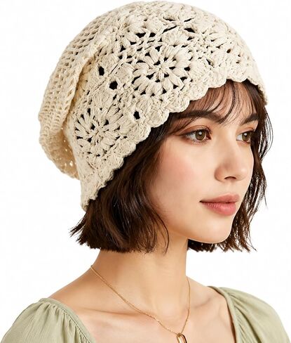 1 Pack Crochet Hat for Women, Cotton Summer Slouchy Beanie White | Cotton crochet beanie with floral hollow-out knit is breathable, stretchy and foldable for daily wear, travel or parties in Kuwait