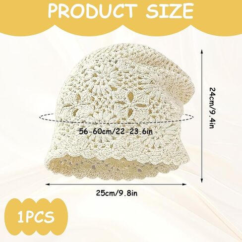 1 Pack Crochet Hat for Women, Cotton Summer Slouchy Beanie White | Cotton crochet beanie with floral hollow-out knit is breathable, stretchy and foldable for daily wear, travel or parties in Kuwait