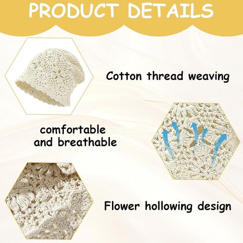 1 Pack Crochet Hat for Women, Cotton Summer Slouchy Beanie White | Cotton crochet beanie with floral hollow-out knit is breathable, stretchy and foldable for daily wear, travel or parties in Kuwait