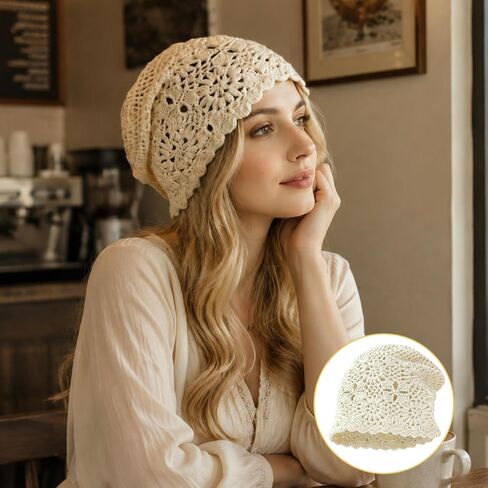1 Pack Crochet Hat for Women, Cotton Summer Slouchy Beanie White | Cotton crochet beanie with floral hollow-out knit is breathable, stretchy and foldable for daily wear, travel or parties in Kuwait