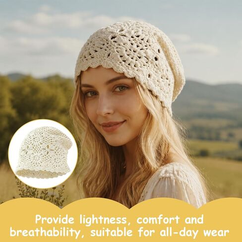 1 Pack Crochet Hat for Women, Cotton Summer Slouchy Beanie White | Cotton crochet beanie with floral hollow-out knit is breathable, stretchy and foldable for daily wear, travel or parties in Kuwait