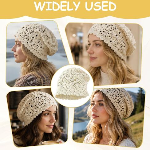 1 Pack Crochet Hat for Women, Cotton Summer Slouchy Beanie White | Cotton crochet beanie with floral hollow-out knit is breathable, stretchy and foldable for daily wear, travel or parties in Kuwait